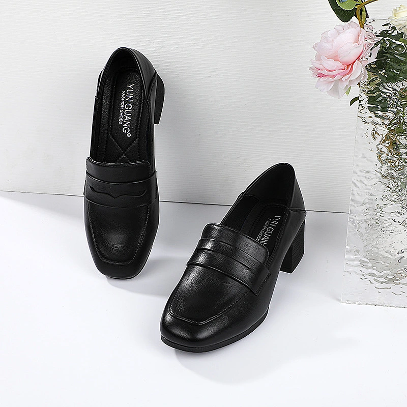 New Custom fashion women work single shoes chunky heels retro casual leather loafers shoes