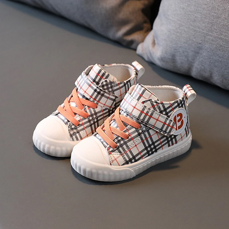 Comfortable High top Baby canvas shoes Casual Sneakers with plaid