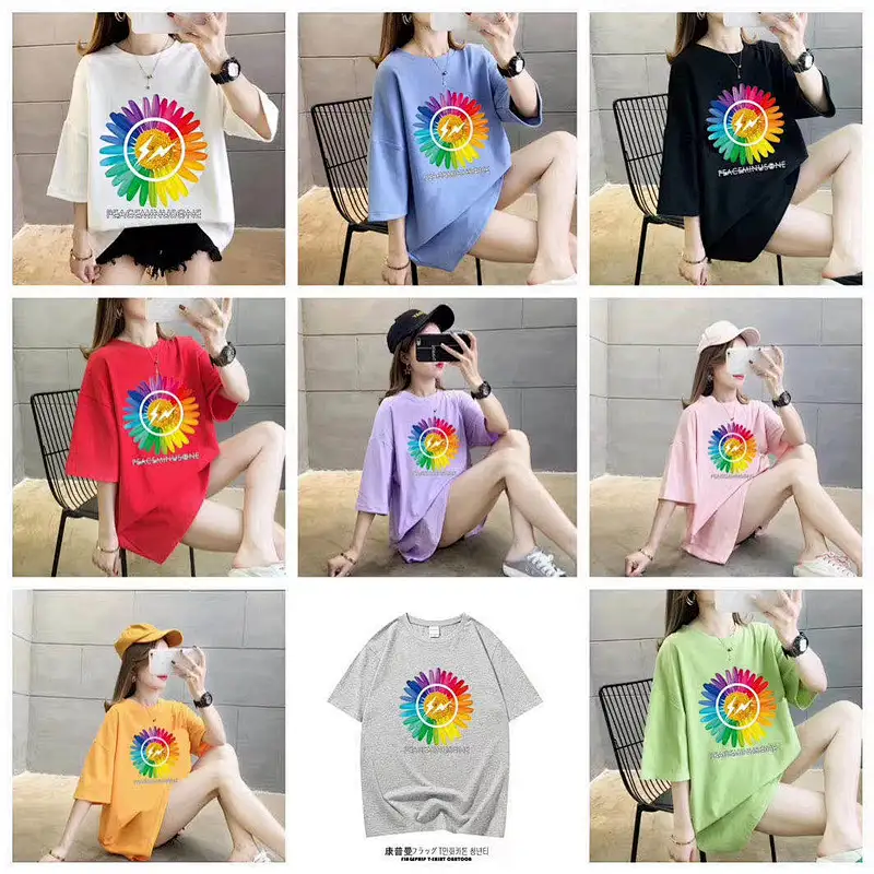 Mix color mix design Women Medium Length Daisy T-Shirt Stock for Summer
