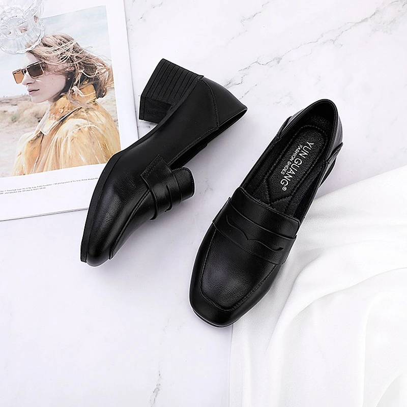 New Custom fashion women work single shoes chunky heels retro casual leather loafers shoes