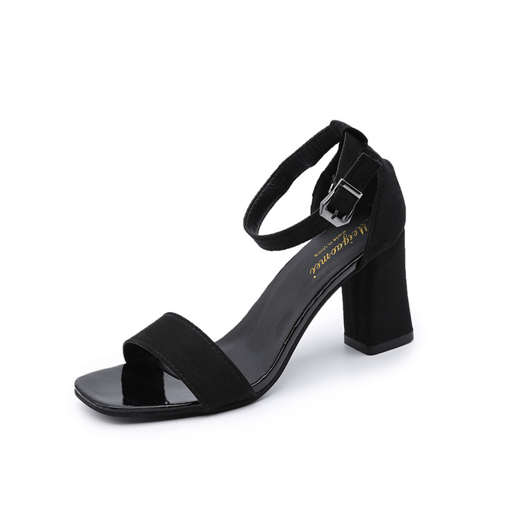 New chunky heels black women student sandals open toe one-line buckle Roman sandals