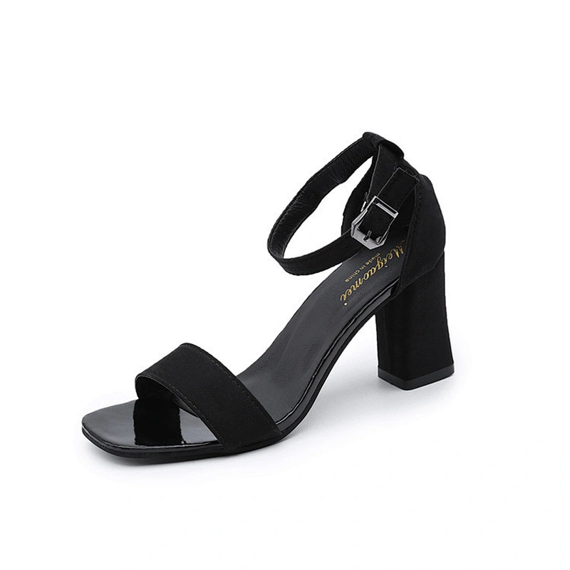 New chunky heels black women student sandals open toe one-line buckle Roman sandals