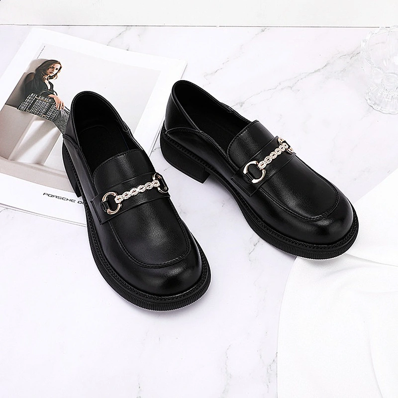 New Korean version women flat work shoes casual British style black loafers leather shoes
