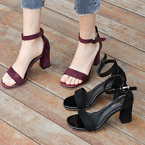 New chunky heels black women student sandals open toe one-line buckle Roman sandals