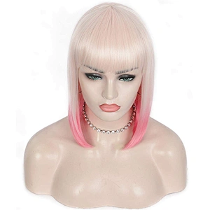 Longzhao High Temperature Fiber Straight Short Bob Wigs Ombre Pink Short Bob Wigs with Neat Bangs Cosplay Short Bob Wigs