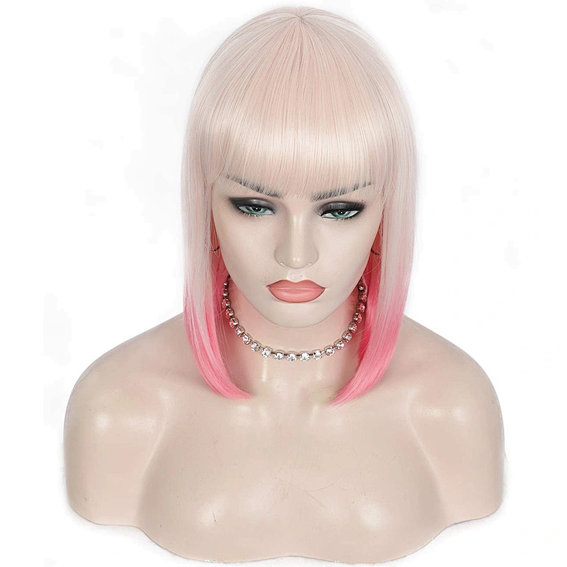 Longzhao High Temperature Fiber Straight Short Bob Wigs Ombre Pink Short Bob Wigs with Neat Bangs Cosplay Short Bob Wigs