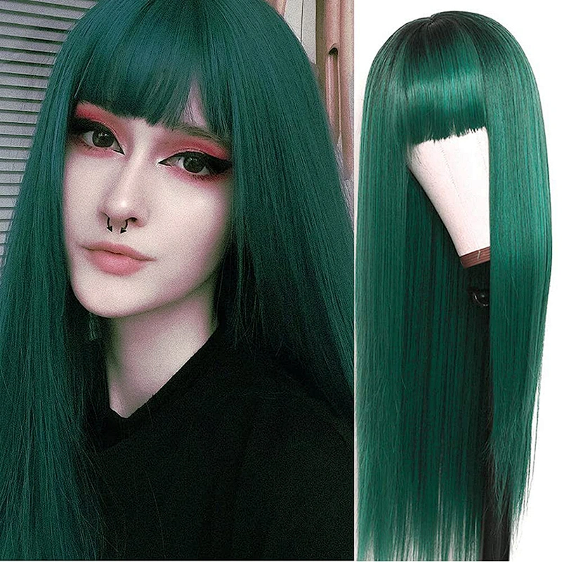 Longzhao Top Quality Cheap Synthetic Long Straight Wig With Neat Bangs Ombre Blue Color Heat Resistant Wigs For Black Women