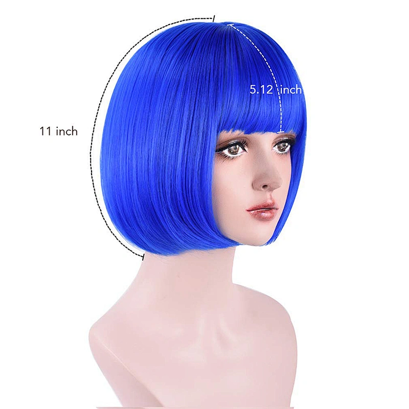 Longzhao Heat Resistant Synthetic Fiber Blue Cosplay Short Bob Wigs With Neat Bangs for American Africans