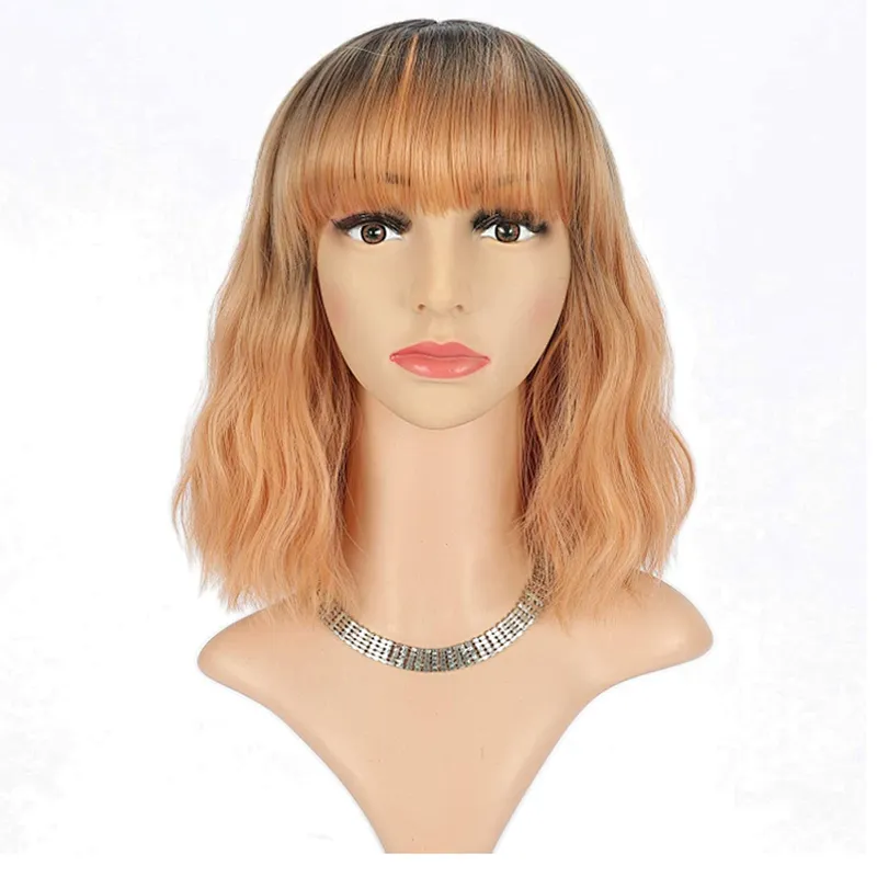 Longzhao Wholesale Cheap Synthetic Short Curly Wave Brown Bob Wigs With Neat Bangs Hair Wigs For Black White Women