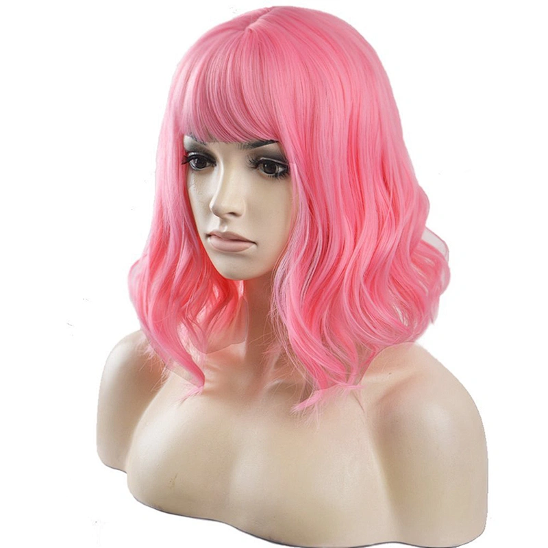 Longzhao Vendor Cosplay Cheap Wholesale Heat Resistant Water Wave Pink Wig With Bangs For Black Women Synthetic Hair Wigs