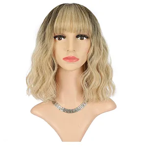 Longzhao Wholesale Cheap Short Kinky Curly Wig With Bangs Afro Black Mixed Brown Synthetic Wigs For Black Women