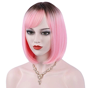 Longzhao Natural Wave Pink Bob Hair Wigs Heat Resistant Synthetic Fiber Bob Wigs With Bangs Cosplay Short Wigs