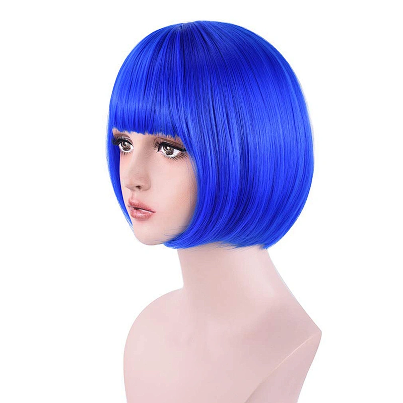 Longzhao Heat Resistant Synthetic Fiber Blue Cosplay Short Bob Wigs With Neat Bangs for American Africans