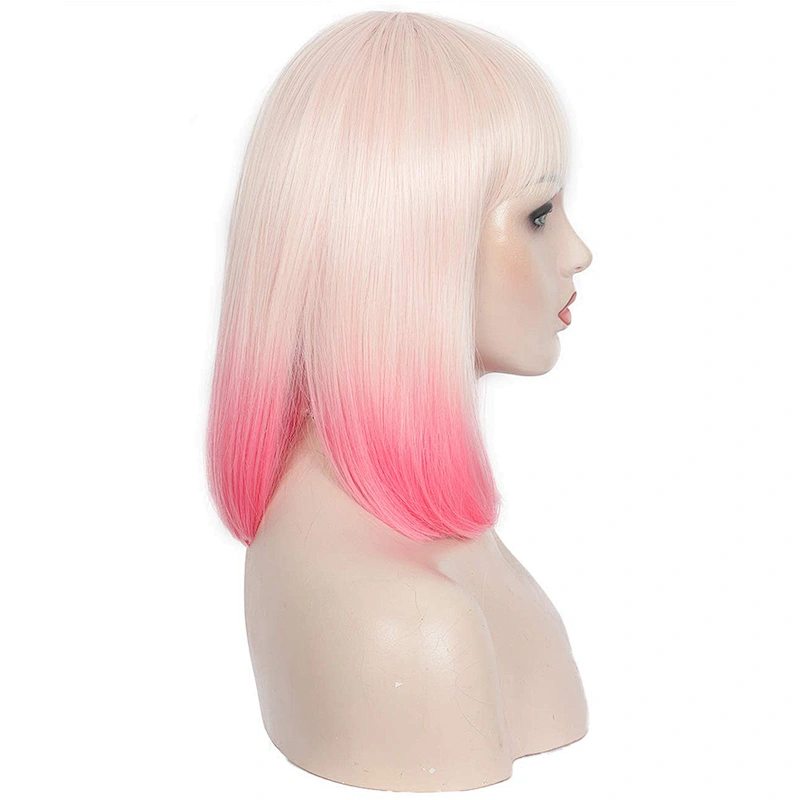 Longzhao High Temperature Fiber Straight Short Bob Wigs Ombre Pink Short Bob Wigs with Neat Bangs Cosplay Short Bob Wigs