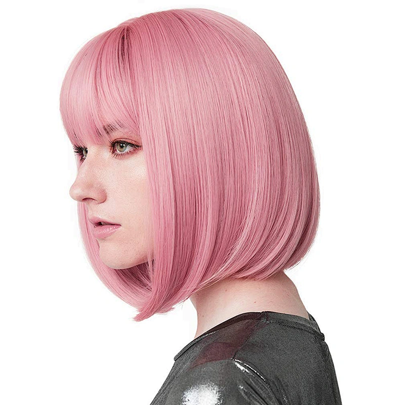 150 Length Hair Heat Resistant Wig For Black Women Pink Short Straight Bob Synthetic Middle Part Shoulder Hair Wigs