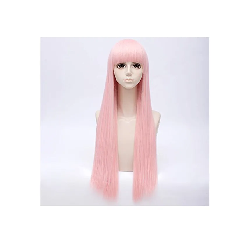 Longzhao Cheap Synthetic Long Straight Ombre Pink Color Wig Cosplay Hair Wigs With Neat Bangs For Black Women