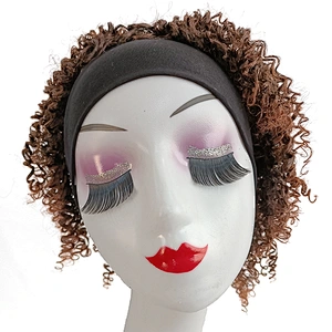 wholesale Short Afro Mixed Brown Curly Wigs with HeadWrap Headband Wig 2 in 1 None Lace Front Wigs with Turban for black Women