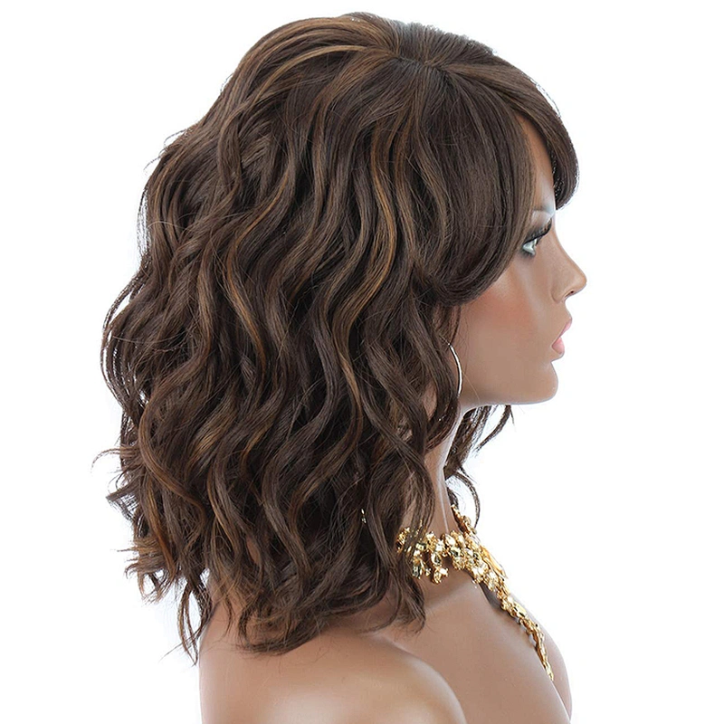 12 Inch Vendor Cheap Wholesale Curly Loose Wave Short Bob Brown Wig With Bangs For Black Women Synthetic Hair Wigs