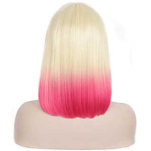 Longzhao High Temperature Fiber Straight Short Bob Wigs Ombre Pink Short Bob Wigs with Neat Bangs Cosplay Short Bob Wigs