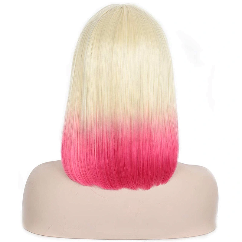 Longzhao High Temperature Fiber Straight Short Bob Wigs Ombre Pink Short Bob Wigs with Neat Bangs Cosplay Short Bob Wigs