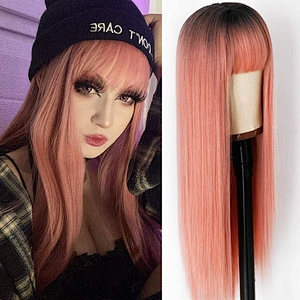 Longzhao Hot Selling Synthetic Ombre Pink Wig With Neat Bangs Long Straight Cosplay Wigs For Black Women Heat Resistant Fiber