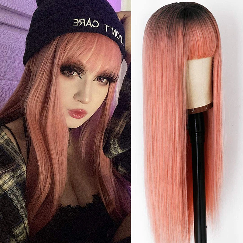 Longzhao Hot Selling Synthetic Ombre Pink Wig With Neat Bangs Long Straight Cosplay Wigs For Black Women Heat Resistant Fiber