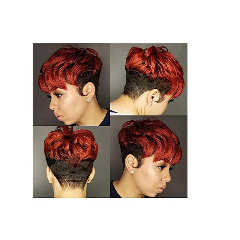 Longzhao The Best Selling Synthetic Short Style Hair With Red Bangs Wigs For Women Straight Pixie Cut Wigs Heat Resistant Fiber