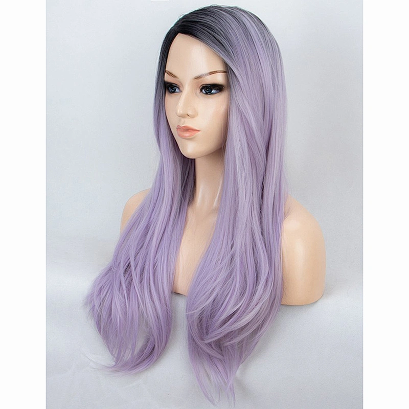 Longzhao Hot Selling Ombre Black Grey Purple Color Hair Wigs Cheap Afro Silky Straight Long Wave Synthetic Wigs For Black Women