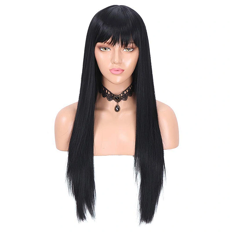 Longzhao Wholesale Synthetic Long Silky Straight Black Wigs With Bangs For Black Women Heat Resistant Fiber