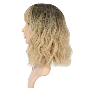 Longzhao Wholesale Cheap Short Kinky Curly Wig With Bangs Afro Black Mixed Brown Synthetic Wigs For Black Women