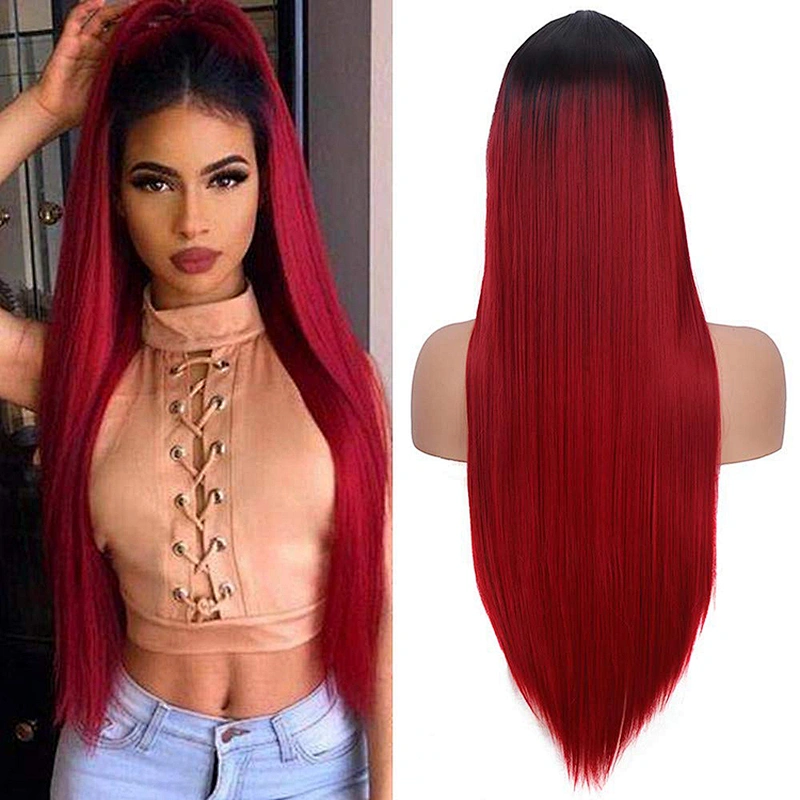 Longzhao Best Selling 26 Inch Long Silky Straight Synthetic Red Ombre Wig For Black Women