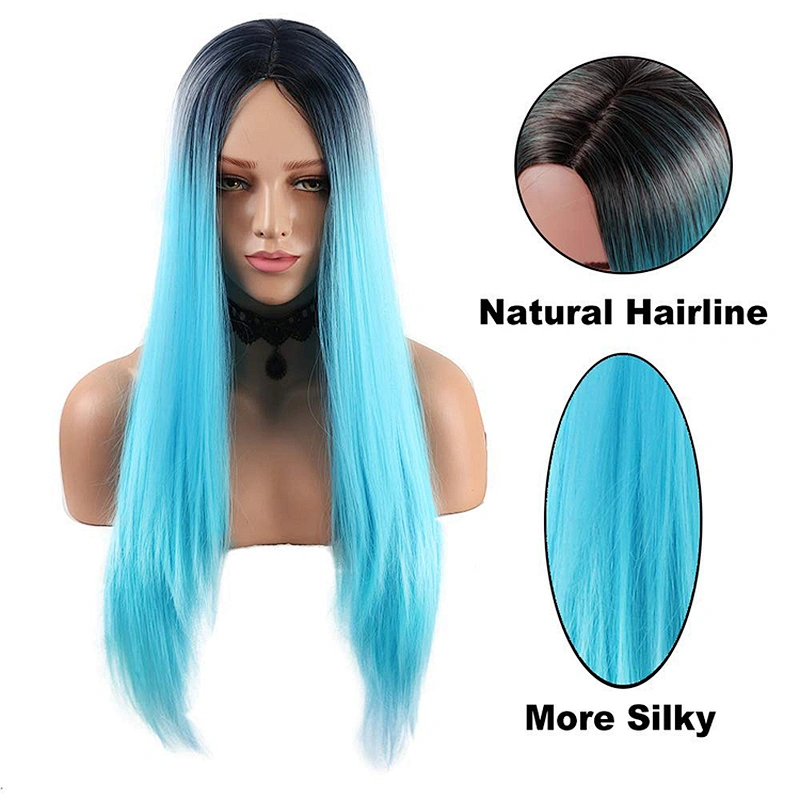Longzhao Cosplay Long Straight Wig Ombre Blue Wigs For Black Women Synthetic Glueless Wigs Heat Resistant Fiber