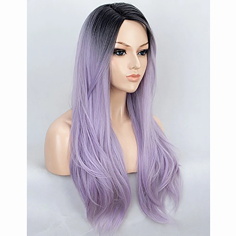 Longzhao Hot Selling Ombre Black Grey Purple Color Hair Wigs Cheap Afro Silky Straight Long Wave Synthetic Wigs For Black Women