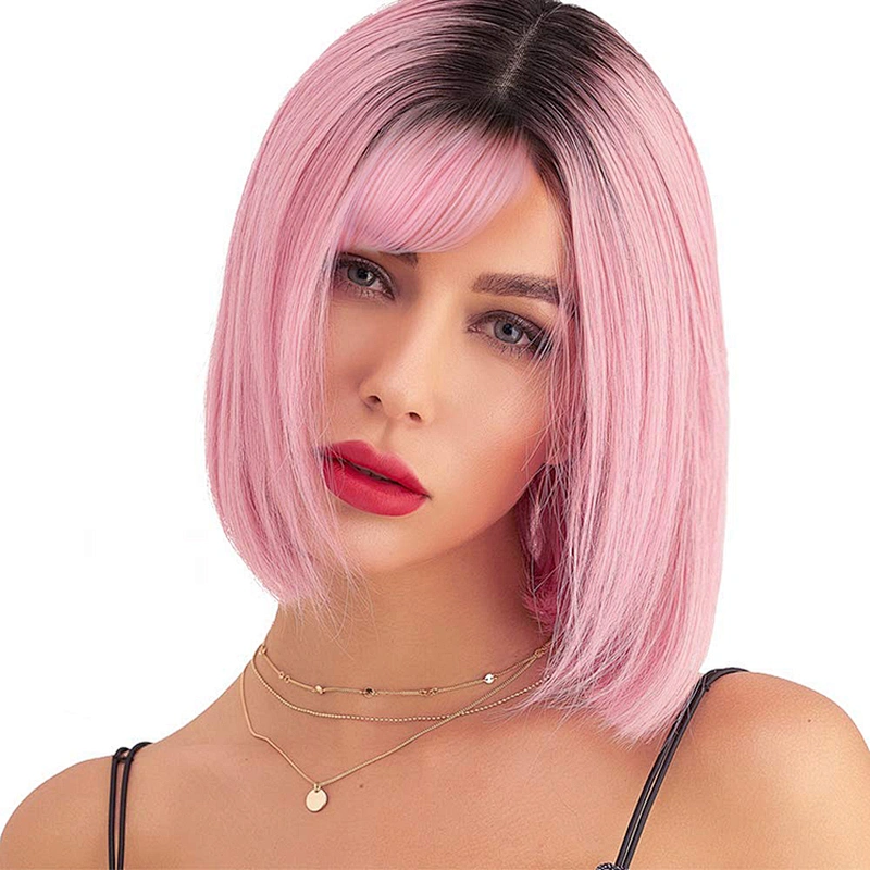 Longzhao Natural Wave Pink Bob Hair Wigs Heat Resistant Synthetic Fiber Bob Wigs With Bangs Cosplay Short Wigs