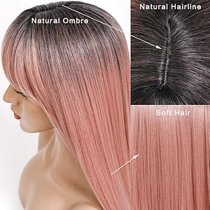 Longzhao Cheap Synthetic Long Straight Ombre Pink Color Wig Cosplay Hair Wigs With Neat Bangs For Black Women