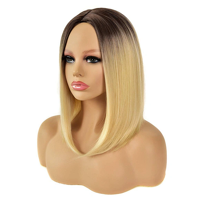Longzhao Best Selling Short Wavy Bob Wigs For Black Women Body Wave Ombre Brown Synthetic Bob Wigs With Neat Bangs