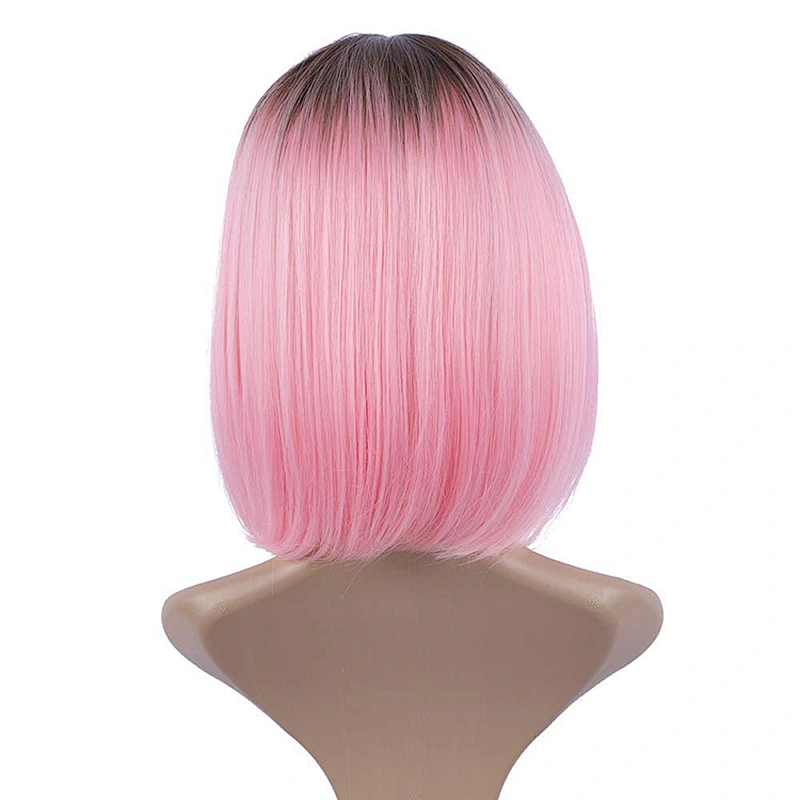 Longzhao Natural Wave Pink Bob Hair Wigs Heat Resistant Synthetic Fiber Bob Wigs With Bangs Cosplay Short Wigs