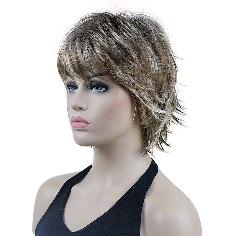 Longzhao  Wholesale Price Short Black Hair  Wigs With Ombre Brown Bangs Synthetic Pixie Cut Wigs for Women