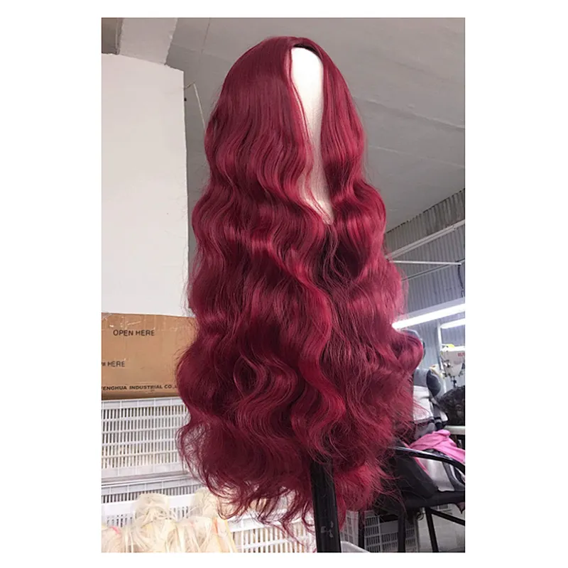 Longzhao High Quality Long Wavy Middle Part Synthetic Fiber Wigs For Black White Women Long Red Body Wave Synthetic Wigs