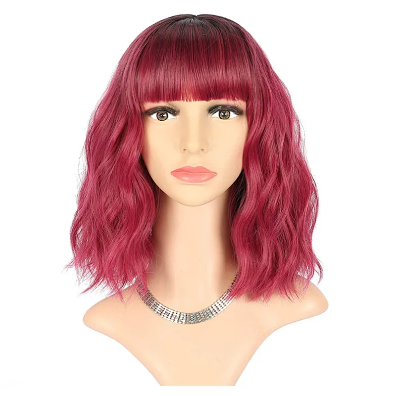 Vendor Cheap Wholesale Cosplay Curly Loose Wave Short Bob Wine Red Wig With Bangs For Black Women Synthetic Hair Wigs