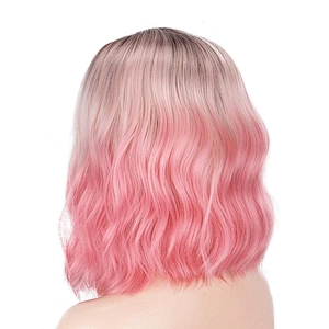 New Style Short Wavy Wig Dark Roots Ombre Pink Wigs For Women High Temperature Fiber
