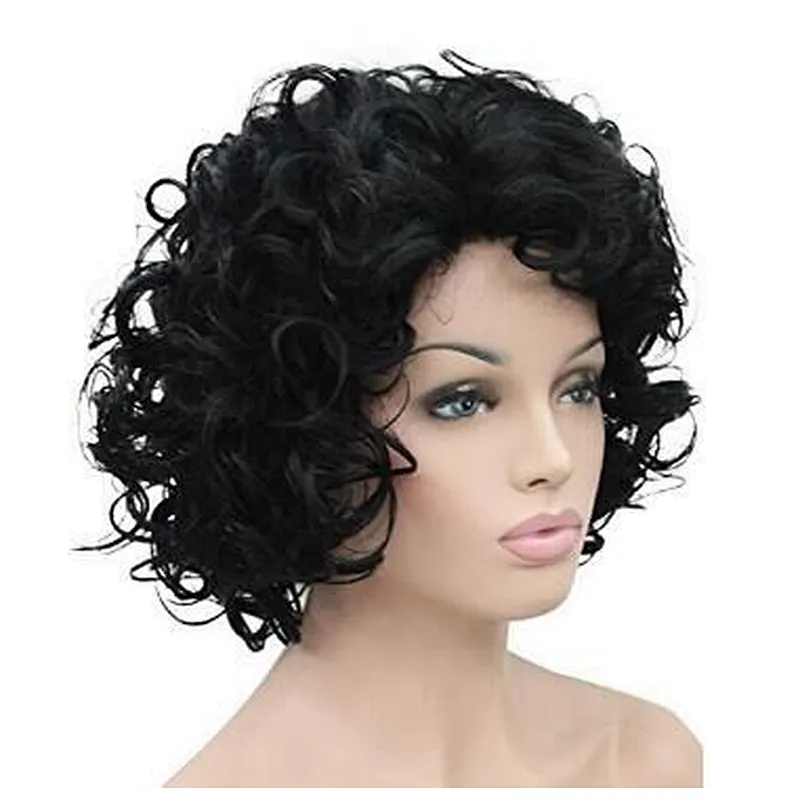Longzhao Wholesale Popular Black Color Short Curly Heat  Resistant Synthetic Hair Wigs for Women