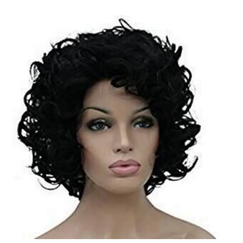 Longzhao Wholesale Popular Black Color Short Curly Heat  Resistant Synthetic Hair Wigs for Women