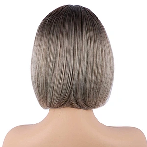 Longzhao  Synthetic Short Straight Bob Wig Ombre Grey Wig With Dark Roots Heat Resistant Bob Wigs For African American Women