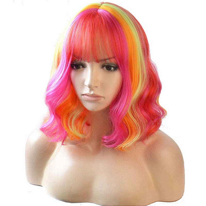 Longzhao Pink Natural Water Wave Short Bob Synthetic Wigs Shoulder Length Air Bangs for Women Curly Cosplay Hair Wig
