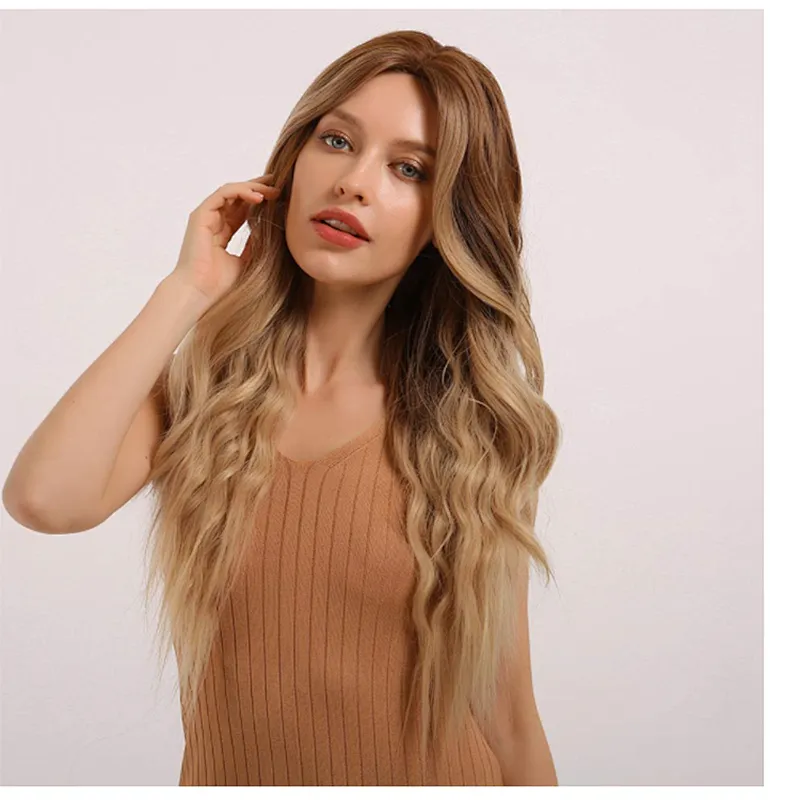 Blonde High Temperature Synthetic Body Wave Hair Wigs Middle Part Long Wavy Fiber Wigs For Black Women