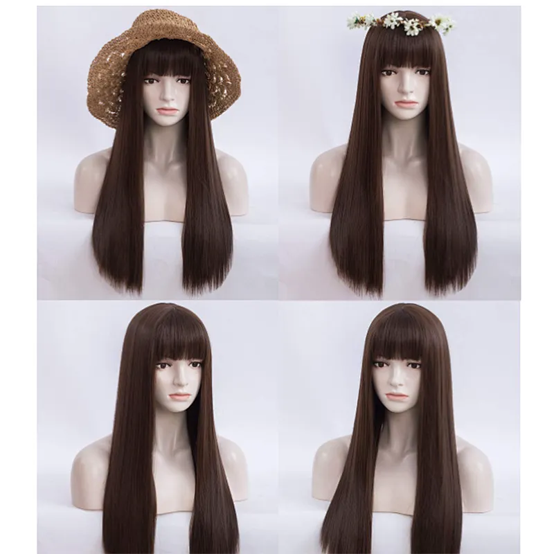 Longzhao Long Synthetic Silky Straight Wigs Heat Resistant Fiber Wigs For Black White Women Long Middle Part Black Wig Vendors