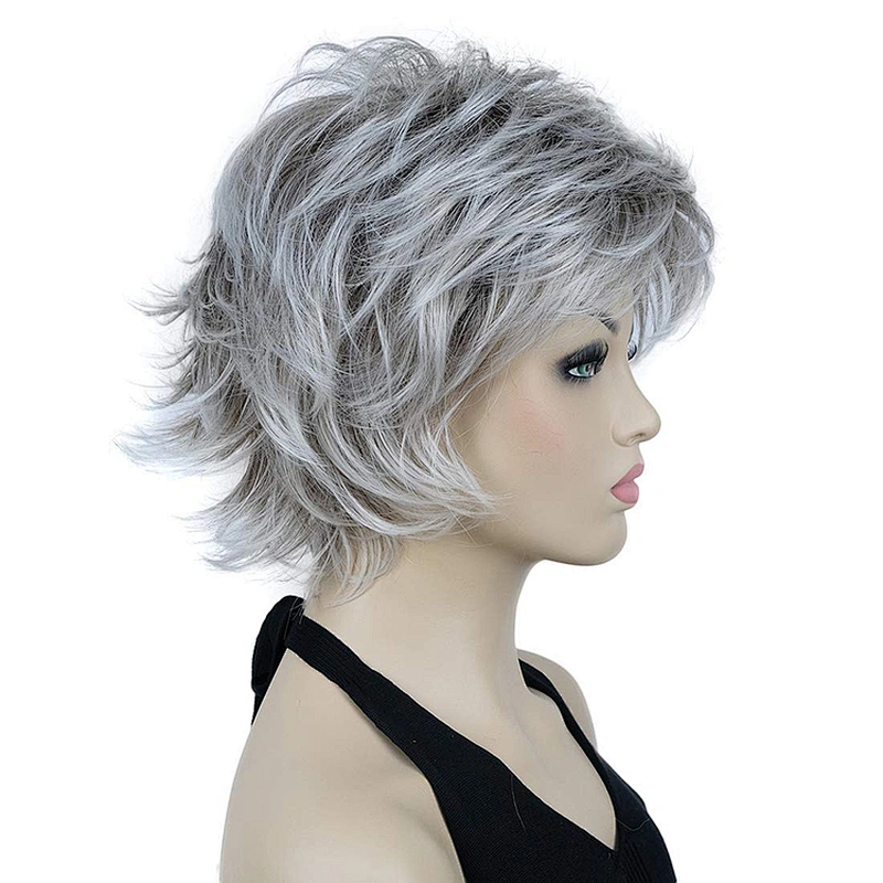 Longzhao Heat Resistant Pixie Cut Wigs Synthetic Short Straight Hair With Ombre grey Bangs Wigs For Women