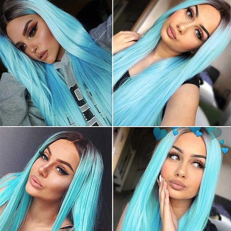 Longzhao Cosplay Long Straight Wig Ombre Blue Wigs For Black Women Synthetic Glueless Wigs Heat Resistant Fiber