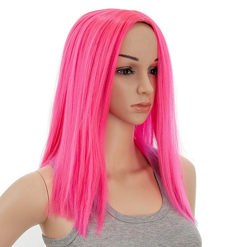 Longzhao Synthetic Heat Resistant Wigs For White Black Women Short Straight Pink Bob Middle Part Shoulder Length Hair Wigs